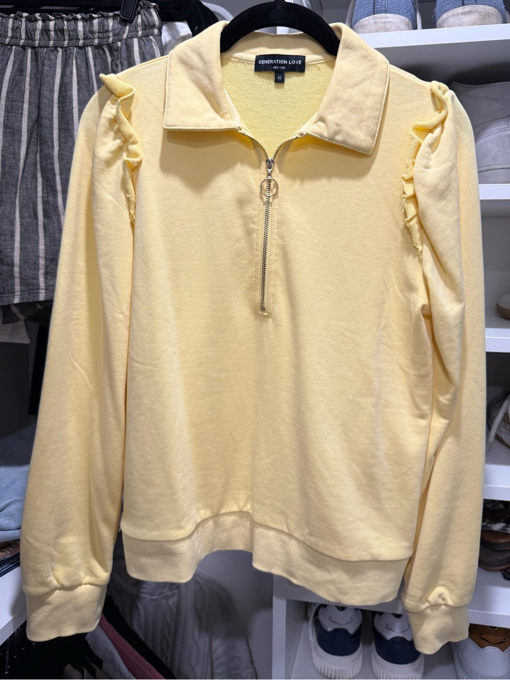 Generation Love Butter Yellow Zip-Front Ruffle Shoulder Pullover